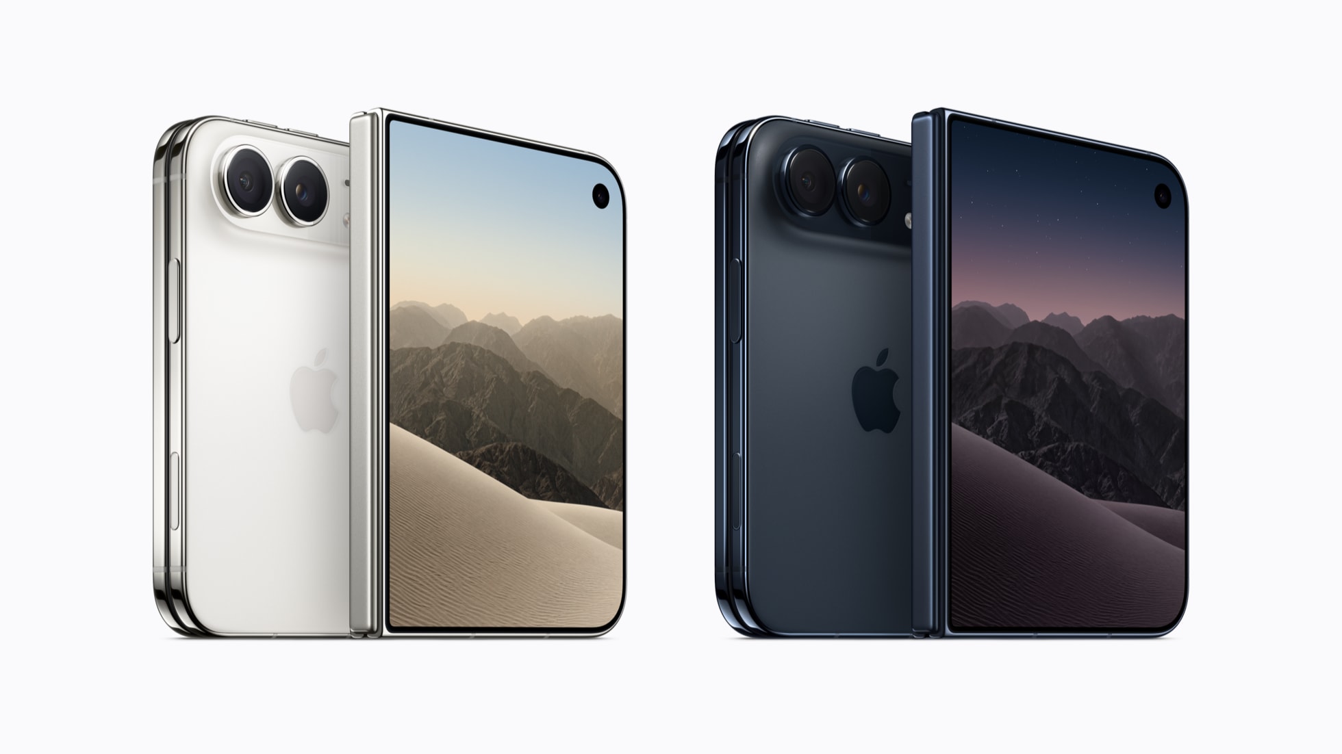 Apple iPhone Duo in star white and night sky, with Apple logos and front displays